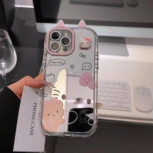 可爱镂空凯蒂猫镜面适用苹果16promax手机壳iPhone14卡通xs简约13新款镜面17pro泡芙plus情侣化妆镜x防摔软壳