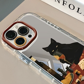 喝酒黑猫镜面适用苹果17promax手机壳iPhone16小众15补妆新款 14pro韩系plus情侣12高级奶油11女防摔x透明硬壳