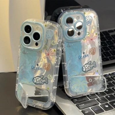 蓝色海洋世界适用苹果16promax手机壳iPhone14创意13新款17pro羽纱狐尾纹plus情侣12高级感x支架防摔透明软壳