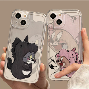 情侣油画汤姆杰瑞适用苹果15promax手机壳14新款13小众11透明plus个性创意xs少女iPhone不发黄12防摔x软壳
