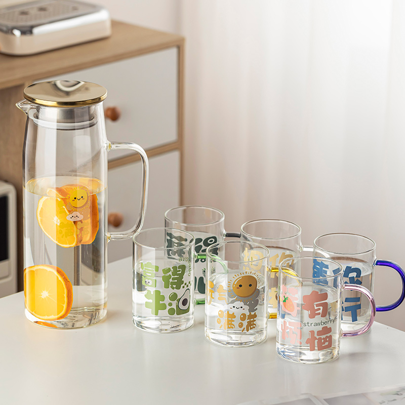 卡通玻璃杯套装家用耐高温水杯茶具可爱文字图案杯子高硼硅玻璃杯