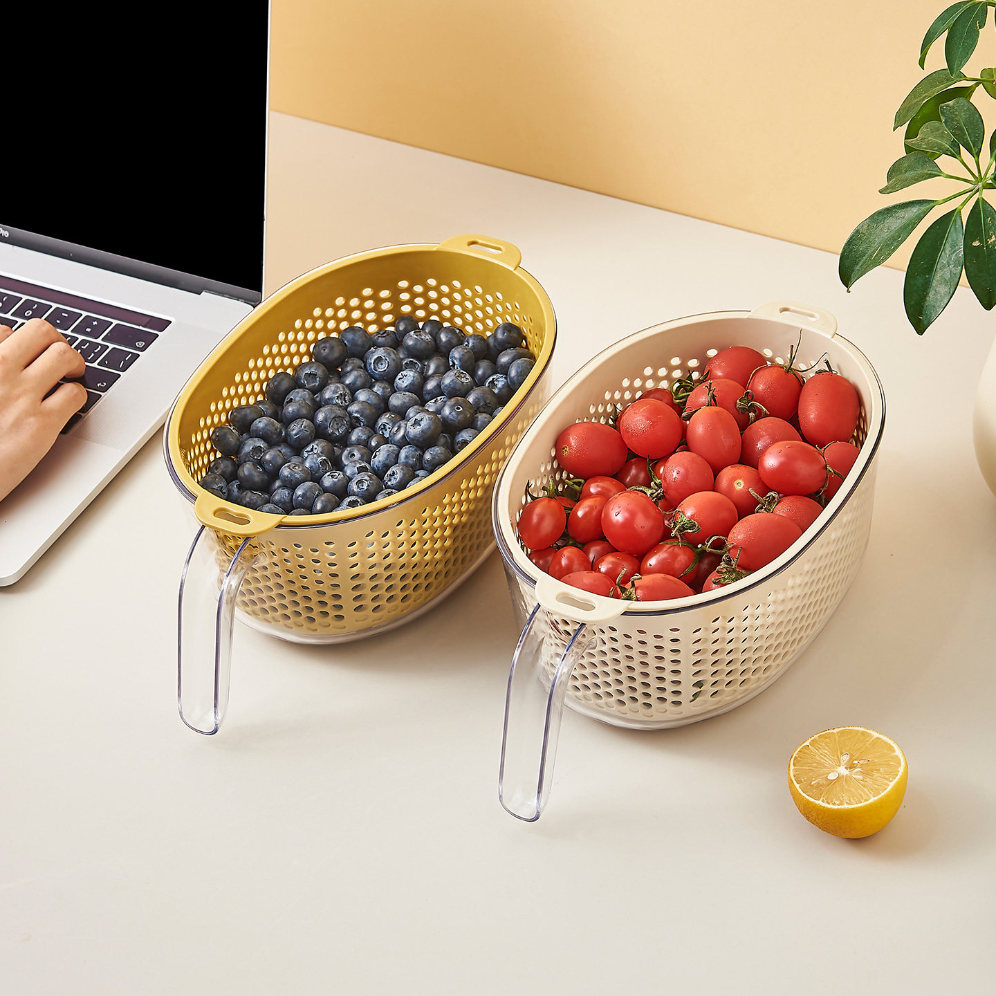 多功能沥水篮新款洗水果蔬菜家用透明手柄厨房保鲜碗水果篮滤水篮