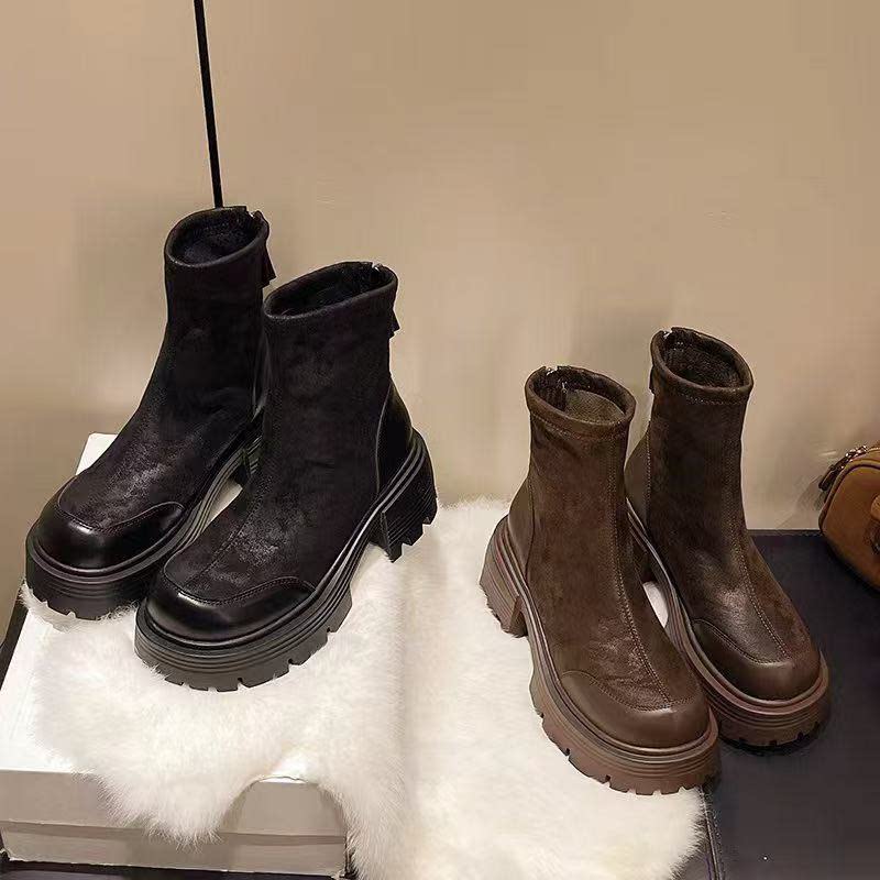 2025新款巨好看厚底低帮马丁靴薄绒增高黑色秋冬舒服短靴女款