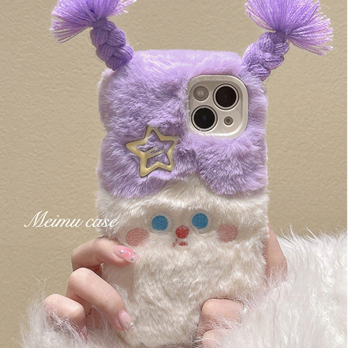 毛绒紫色辫子适用vivoS17t S16手机壳S15e S12 X90S X80 X70t女款