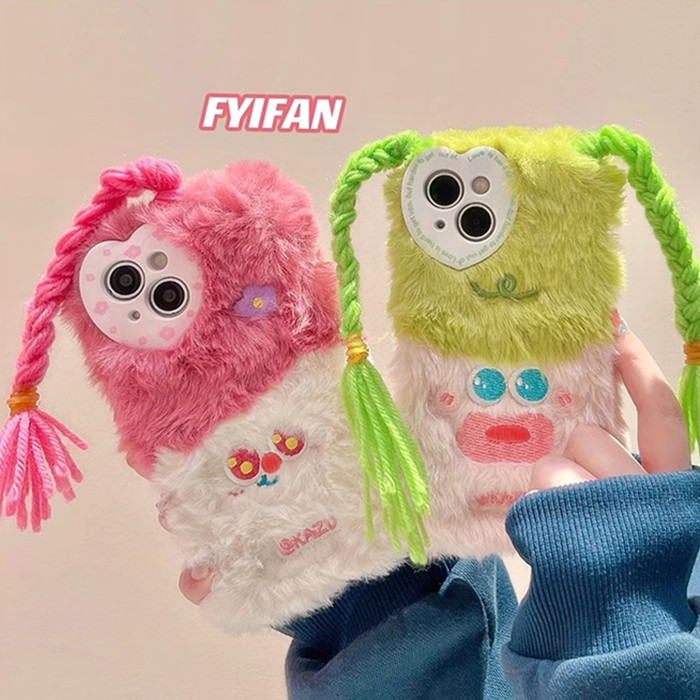 苹果毛绒辫子表情适用于14ProMax手机壳iPhone16/15/13/12/11全包XR/8Plus可爱