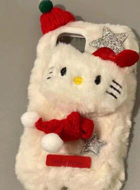 秋冬毛绒圣诞KT猫适用vivoy200i y100i y78+ y77e手机壳y76s y75s保护套y53s y52s毛茸茸T2 T1X软壳y35