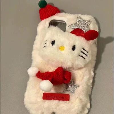 秋冬毛绒圣诞KT猫适用vivoy200i y100i y78+ y77e手机壳y76s y75s保护套y53s y52s毛茸茸T2 T1X软壳y35