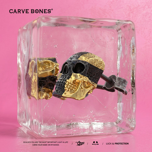 cabo原创镶金骷髅头耳钉925纯银