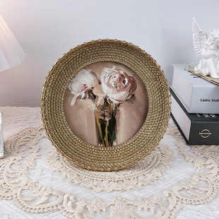 玫瑰花朵油画桌面摆件轻奢复古相框画框卧室客厅玄关装 饰画挂画