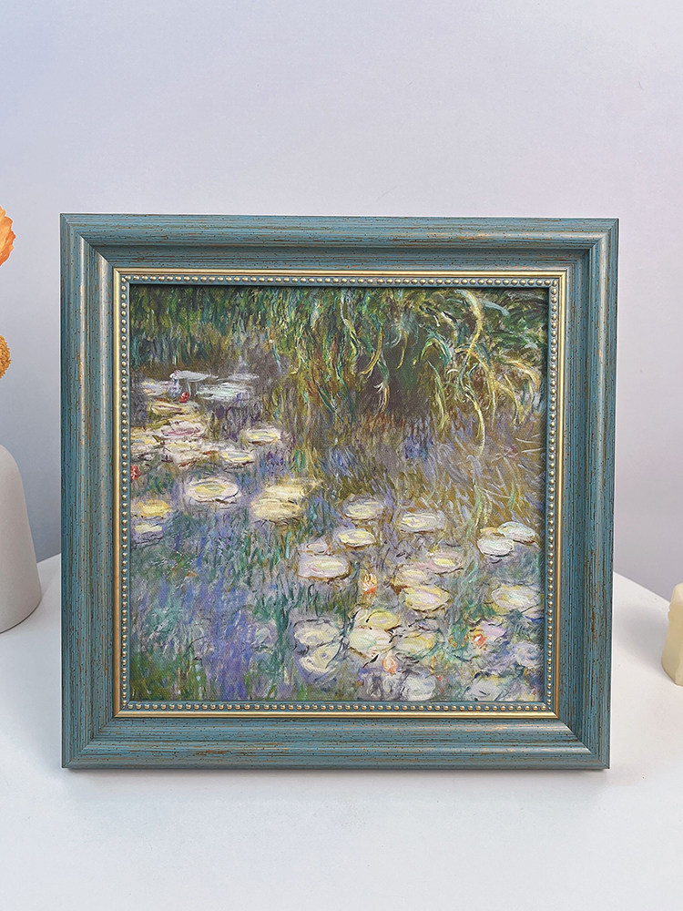 莫奈睡莲复古油画装饰画客厅卧室背景墙挂画法美式相框桌面摆件画