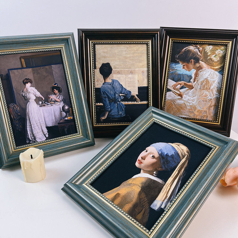 美法式相框油画复古人物桌面摆件客厅卧室床头柜古典装饰画挂画