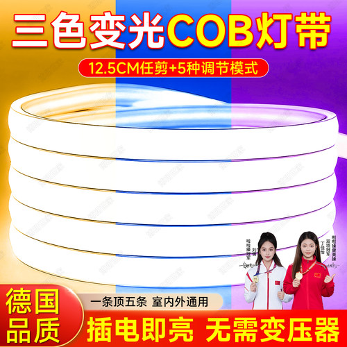 220v三色变光灯带cob自粘免开槽