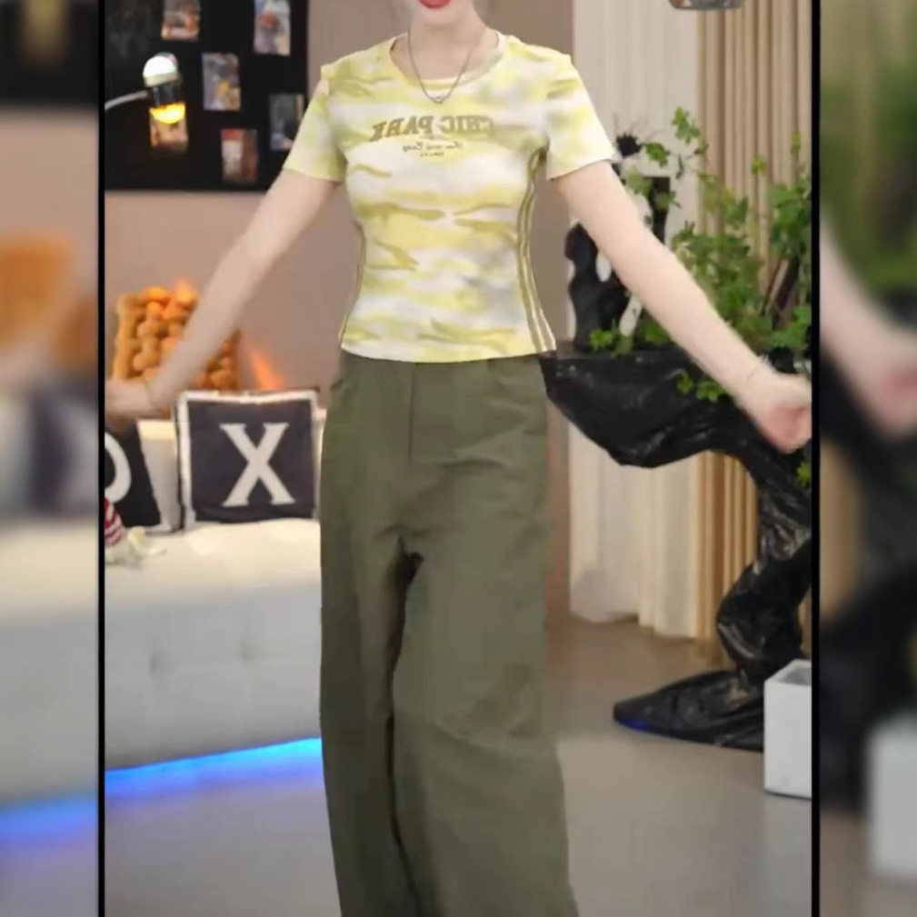 25512大爱美依缘2025夏季新款迷彩印花修身T恤宽松阔腿工装裤女潮