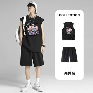 美式复古蜡笔小新刷牙无袖T恤男女宽松oversize情侣运动休闲套装