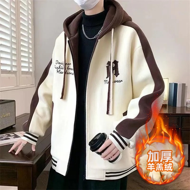 秋冬青少年学生加绒连帽夹克大童男孩加厚款羊羔绒卫衣棒球服外套