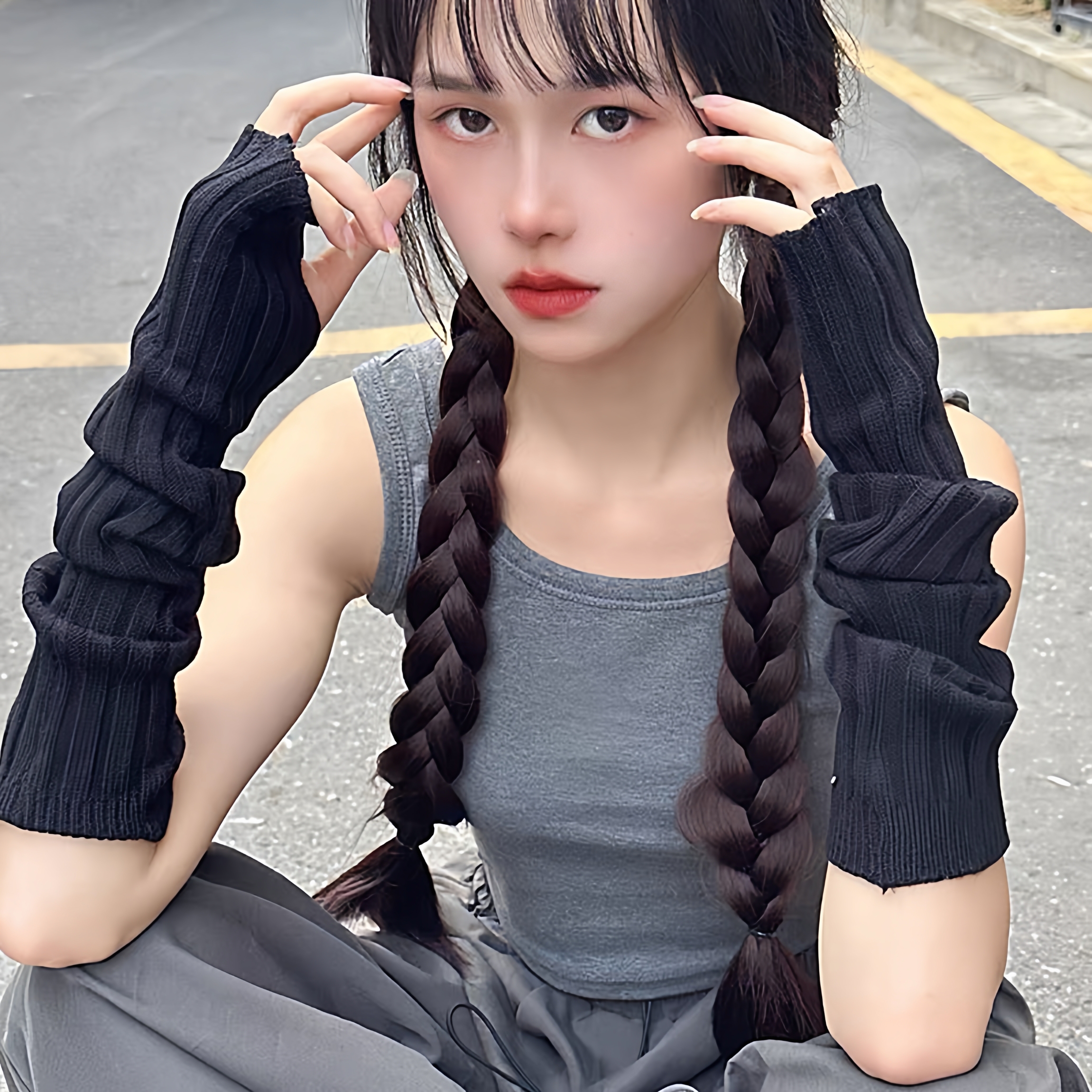 冬季保暖长款袖护腕袖套半指手套一体遮疤lolita无指可触屏潮厚款