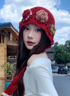 秋冬复古花朵流苏套头帽女民族风