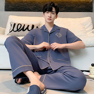 睡衣男款夏季短袖长裤纯棉开衫特大码家居服套装200斤5XL240斤6XL