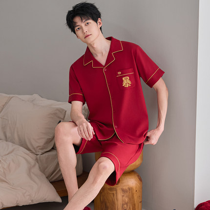 情侣睡衣男纯棉短袖夏季结婚红色本命年家居服女240斤300斤6XL7XL