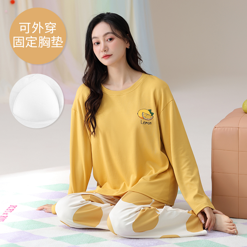 带胸垫春秋季长袖睡衣女加大码可外穿胖mm200斤秋冬纯棉220斤5XL
