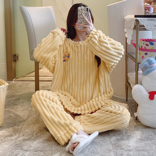 加大码加肥珊瑚绒睡衣女秋冬特大号胖mm套装200斤法兰绒家居服5XL
