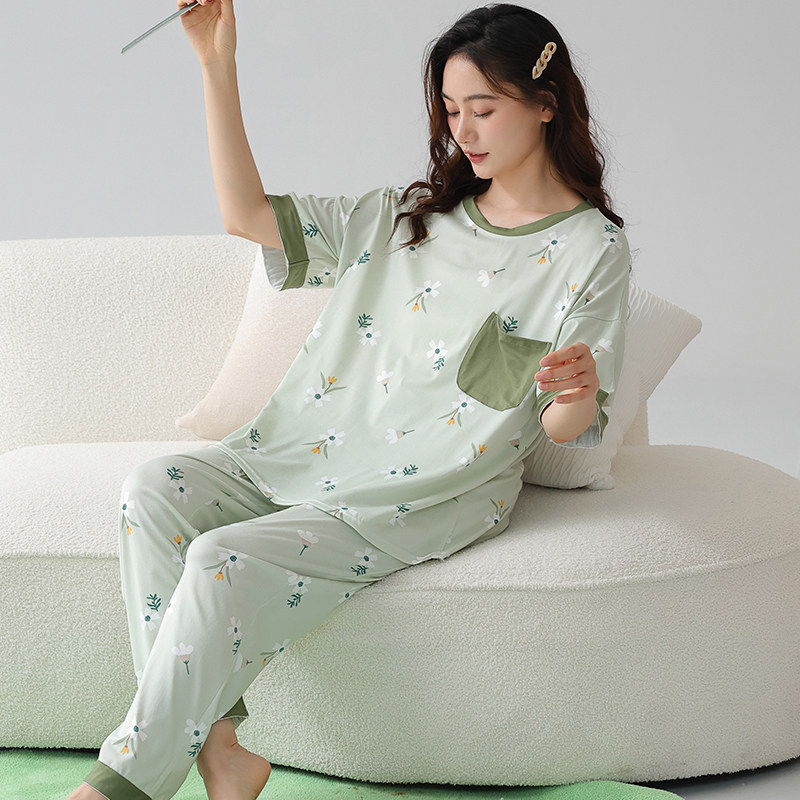 睡衣女士夏季纯棉短袖长裤薄款胖mm套头家居服套装220斤240斤6XL