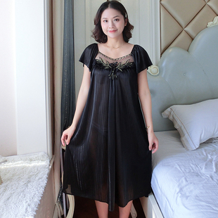 夏季冰丝睡裙女人丝绸睡衣短袖家居服加肥大码200斤雪纺连衣裙5XL