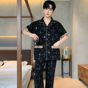 夏季睡衣短袖长裤纯棉开衫加大码男士家居服200斤4XL5XL240斤6XL