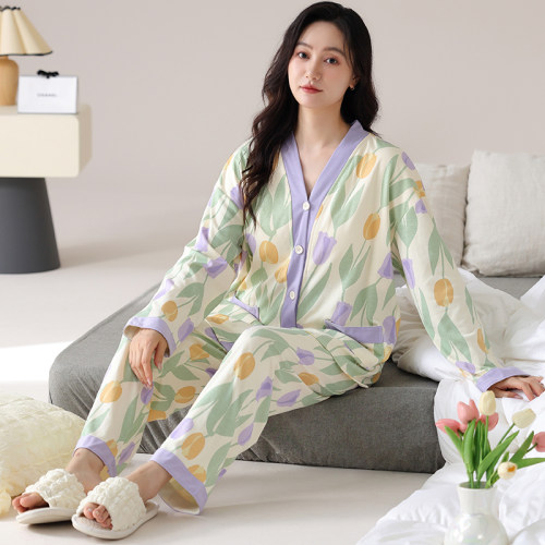 睡衣女款秋冬季纯棉长袖长裤V领特大码开衫纽扣200斤220斤5XL套装