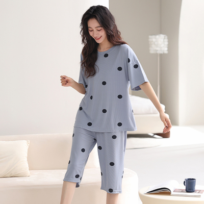 5XL6XL凉感螺纹莫代尔短袖七分裤睡衣女夏天胖mm超大码200斤240斤