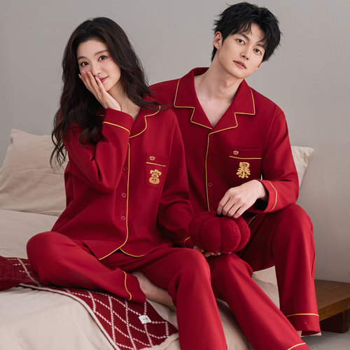 6XL特大码220斤280斤7XL情侣睡衣纯棉红色本命年套装结婚秋冬男女