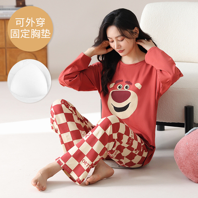 带胸垫长袖睡衣纯棉加肥宽松大码韩版胖mm家居服可外穿200斤220斤