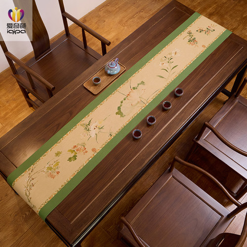 爱奇葩 原创群英吐秀图新中式禅意桌旗防水茶席茶桌垫布长条桌布