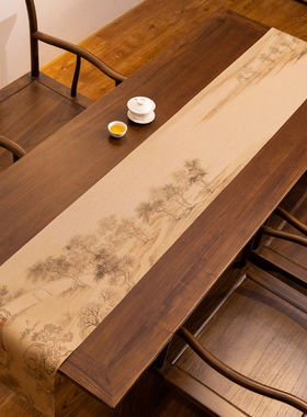 爱奇葩 原创清溪草庐图桌旗新中式禅意茶旗防水茶席茶桌垫长桌布