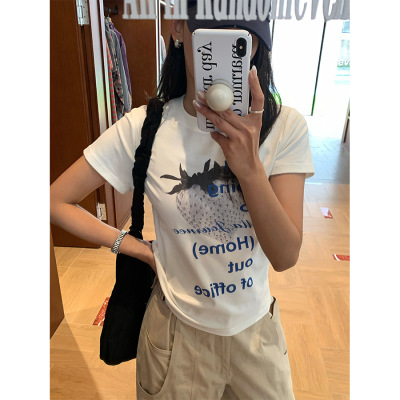 yesyellow 韩系夏季新款圆领紧身短袖T恤女草莓印花修身半袖上衣
