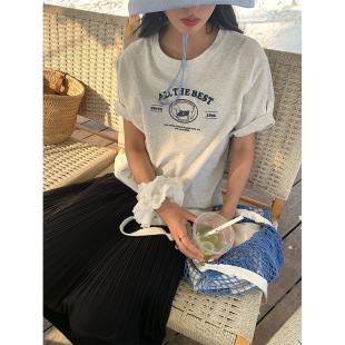 上衣 yesyellow 纯棉圆领印花宽松短袖 T恤女2025夏款 简约百搭时尚