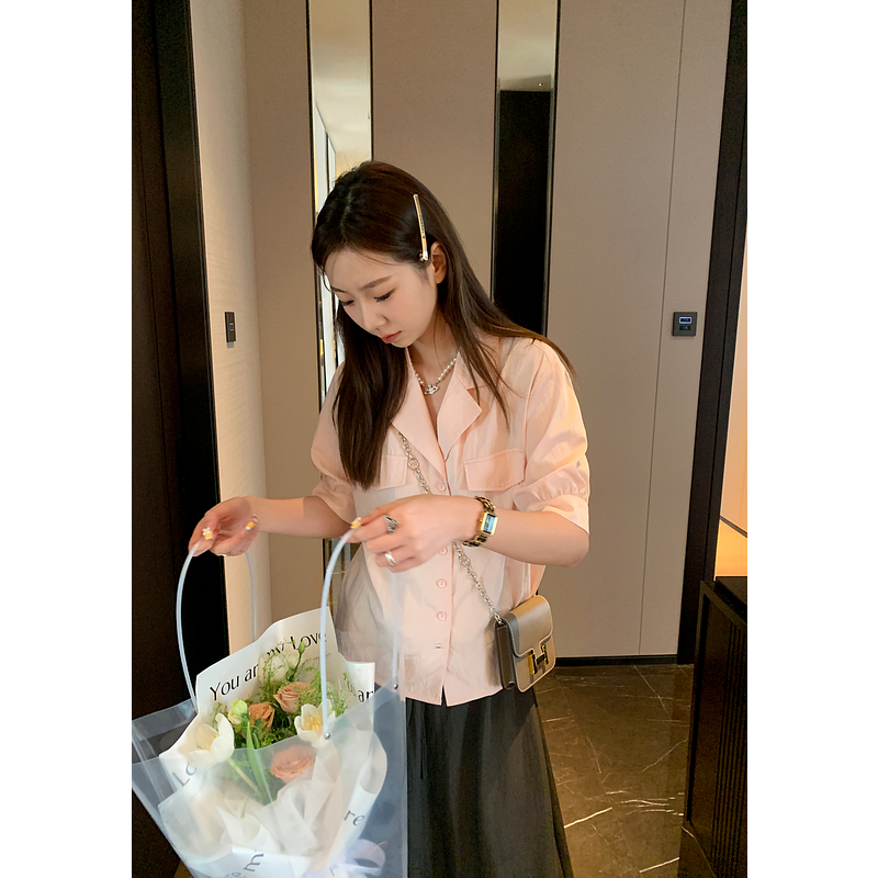 yesyellow糖果色简约短袖衬衫女韩版休闲宽松开衫外套