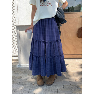 yesyellow松紧腰木耳边拼接半身裙女2025秋休闲格纹显瘦a字长裙