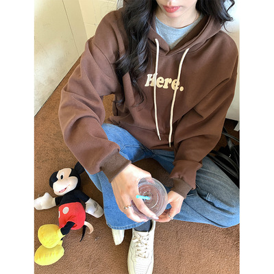 yesyellow美式植绒字母印花情侣卫衣2024年冬季休闲重磅慵懒女
