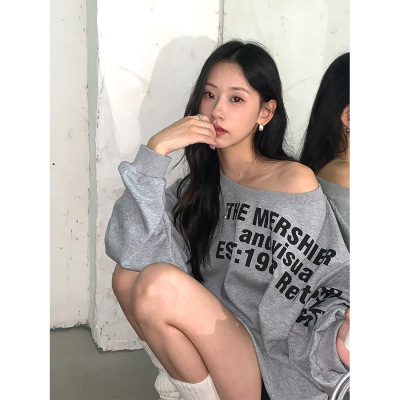 yesyellow美式字母印花斜肩长袖卫衣女2024秋季宽松休闲上衣女