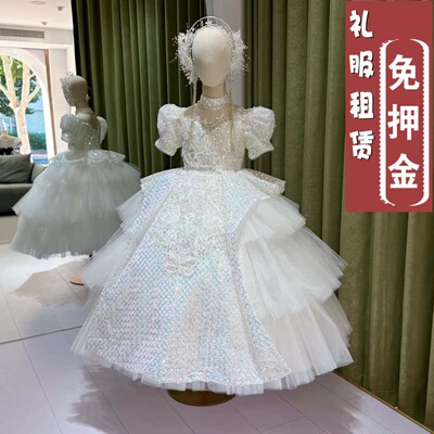 出租女童高端礼服公主裙儿童婚纱主持人钢琴演奏生日白色花童齐地
