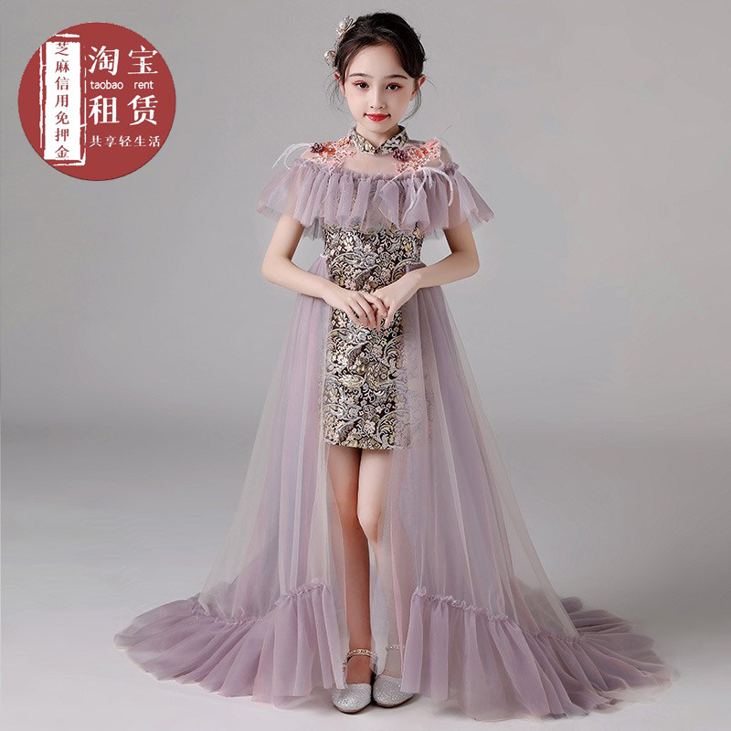出租女童中国风拖尾晚礼服国潮走秀主持人钢琴小提琴演出服租赁