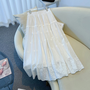 白色长裙森女蕾丝裙子 2025新款 法式 刺绣高腰镂空半身裙显瘦夏季