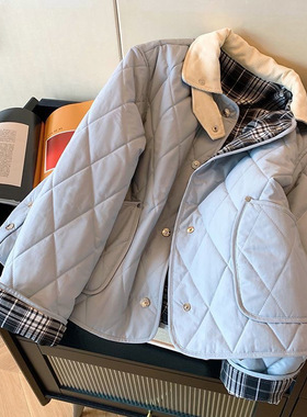 韩版蓝色菱格拼接格子棉服女秋冬季短款小个子外套高级感夹薄棉袄