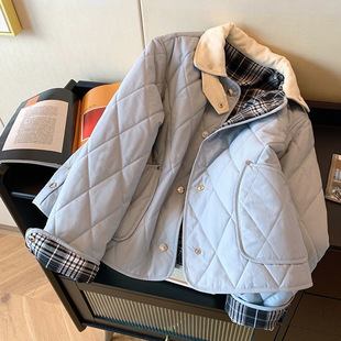 韩版蓝色菱格拼接格子棉服女秋冬季短款小个子外套高级感夹薄棉袄