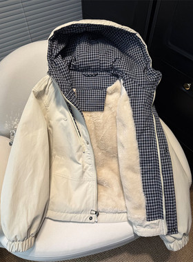 欧货设计感格子拼接连帽工装棉服男女秋冬潮牌宽松显瘦冲锋衣外套