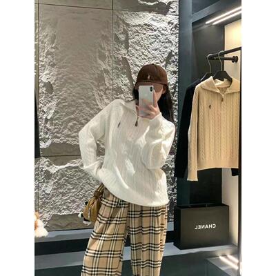 韩版小马刺绣半拉链翻领毛衣女秋季软糯马海毛针织衫慵懒麻花上衣