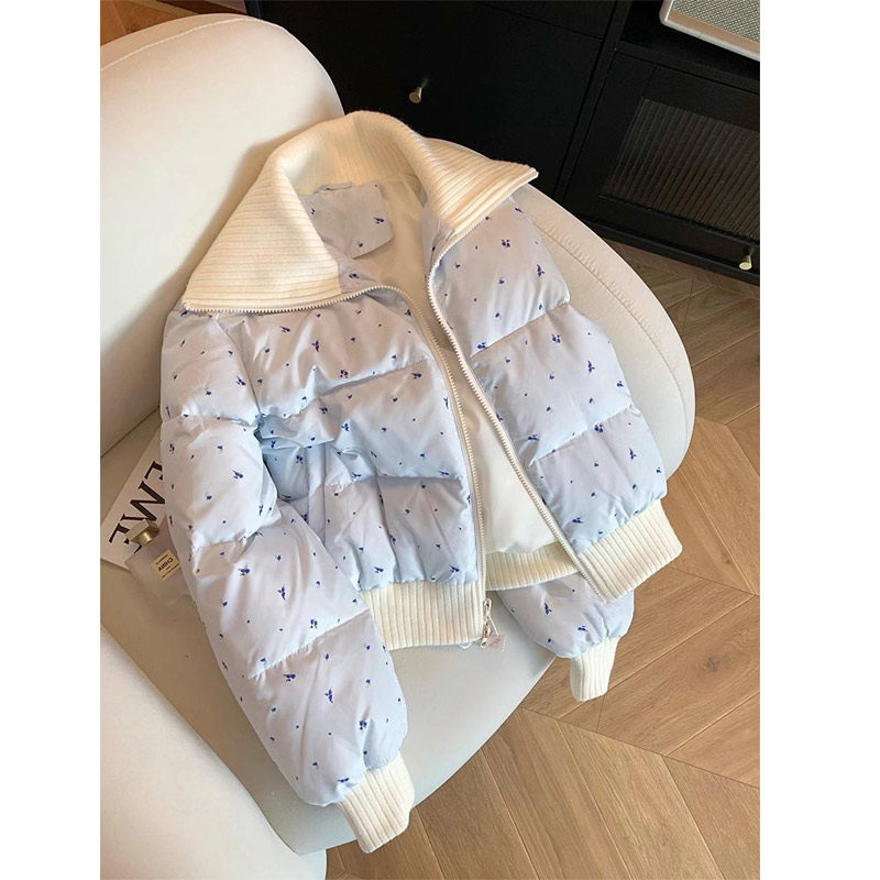 浅蓝色甜美碎花翻领拉链假两件棉服女2025秋冬宽松短款面包服外套,女装/女士精品,短外套,淘宝优惠券,粉丝福利购,淘宝优惠卷