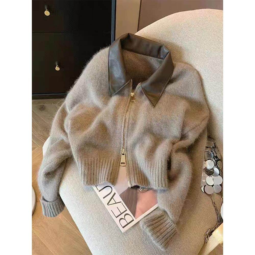 美拉德拼接polo领毛衣女春秋复古软糯慵懒风短款双拉链针织衫外套,女装/女士精品,大码内搭,淘宝优惠券,粉丝福利购,淘宝优惠卷