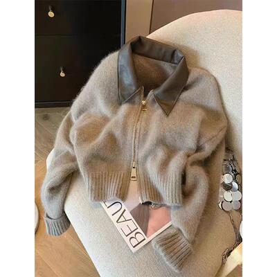 美拉德拼接polo领毛衣女春秋复古软糯慵懒风短款双拉链针织衫外套